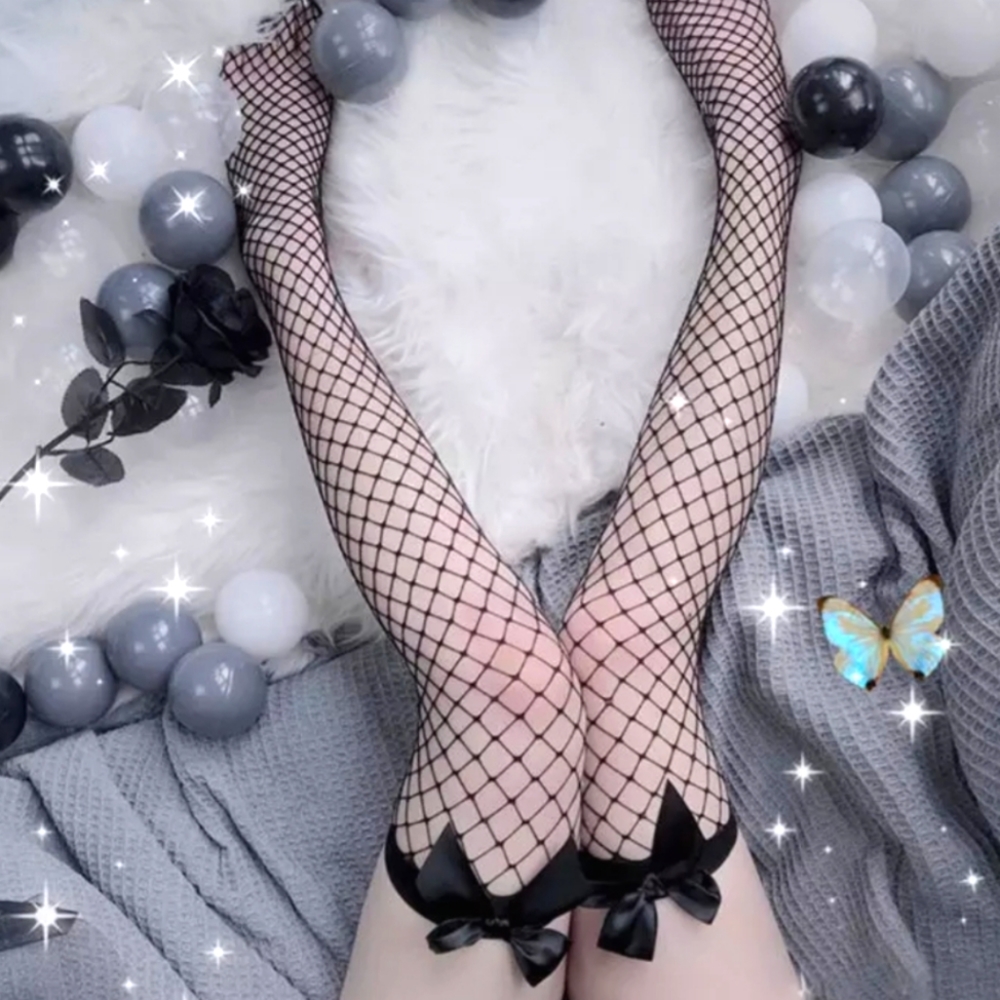 💋Satin Bow Fishnet Thigh High Stockings💋 - Picture 3 of 15